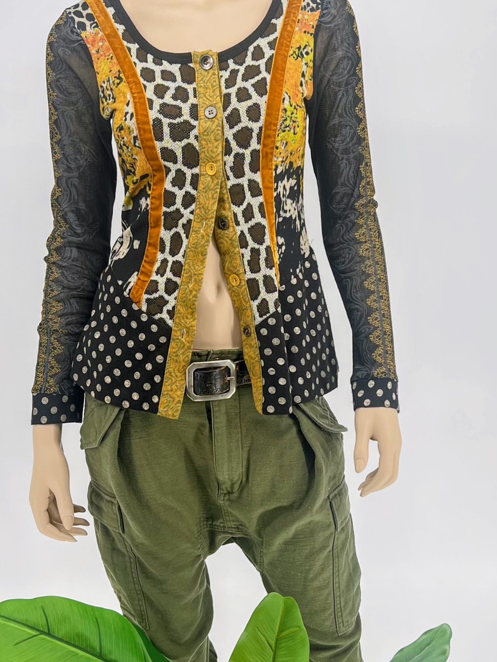Vintage Y2K Black, Mustard & Olive Mixed-Print Long Sleeve Top